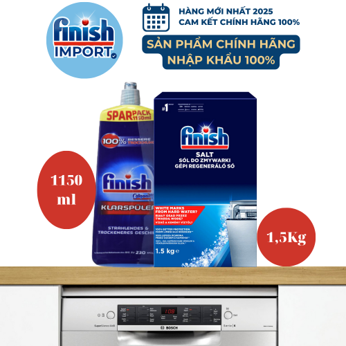 (COMBO gói Finish tiết kiệm hơn) – Hộp 1,5Kg muối Finish (Làm mềm nước) + Chai 1150ml nước làm bóng Finish (trợ xả).